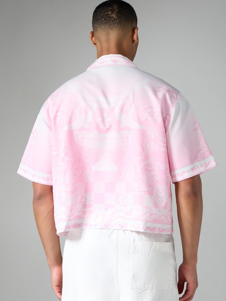 Chemise de villégiature à col châle imprimée, coupe ample, à manches courtes et imprimé baroque tout-sur-tout pour les vacances d'été