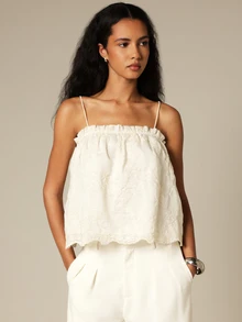 KSTM Floral Embroidered Ruffle Trim Camisole Top With Spaghetti Straps Scallop Hem Summer Elegant Occasion - Beige - View 4