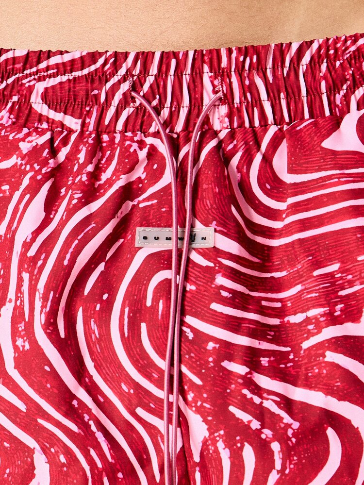 PLAYBOY X SUMWON Bunny Logo Graphic Swim Trunks With Swirl Tides AOP Print Elastic Waistband Summer Beach Holiday Shorts