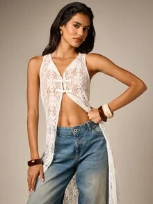 AiiRZ Sheer Lace Maxi Longline Vest Top With Pankou Button Detail V-Neck Sleeveless Open Front Summer Layer - White - View 2