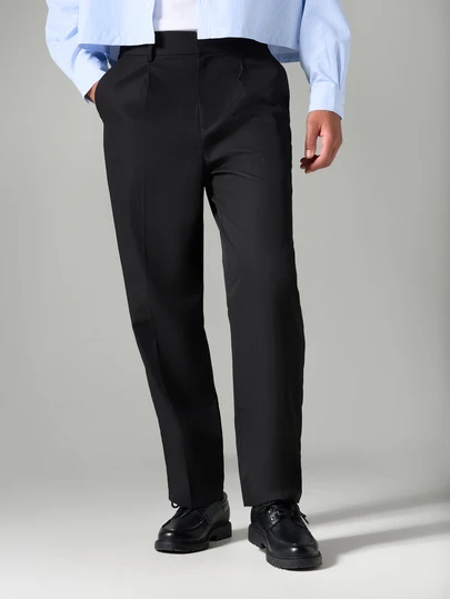 SUMWON Pantalones de traje sastre clásicos con pinza planchada y bolsillos laterales, formales para oficina y negocios, de largo completo y corte recto