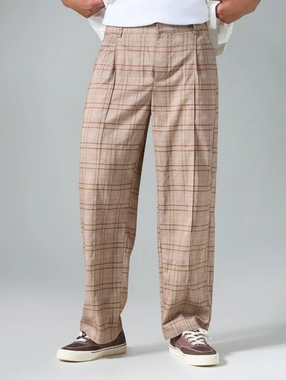 SUMWON Check Plaid Wide Leg Dress Pants With Pleated Front And Flap Back Pockets For Smart Casual Occasions