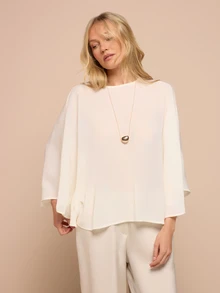 KSTM Elegant Flowing Cape Blouse With Batwing Sleeves Crew Neck Chiffon Overlay Top For Occasions - Apricot - View 4