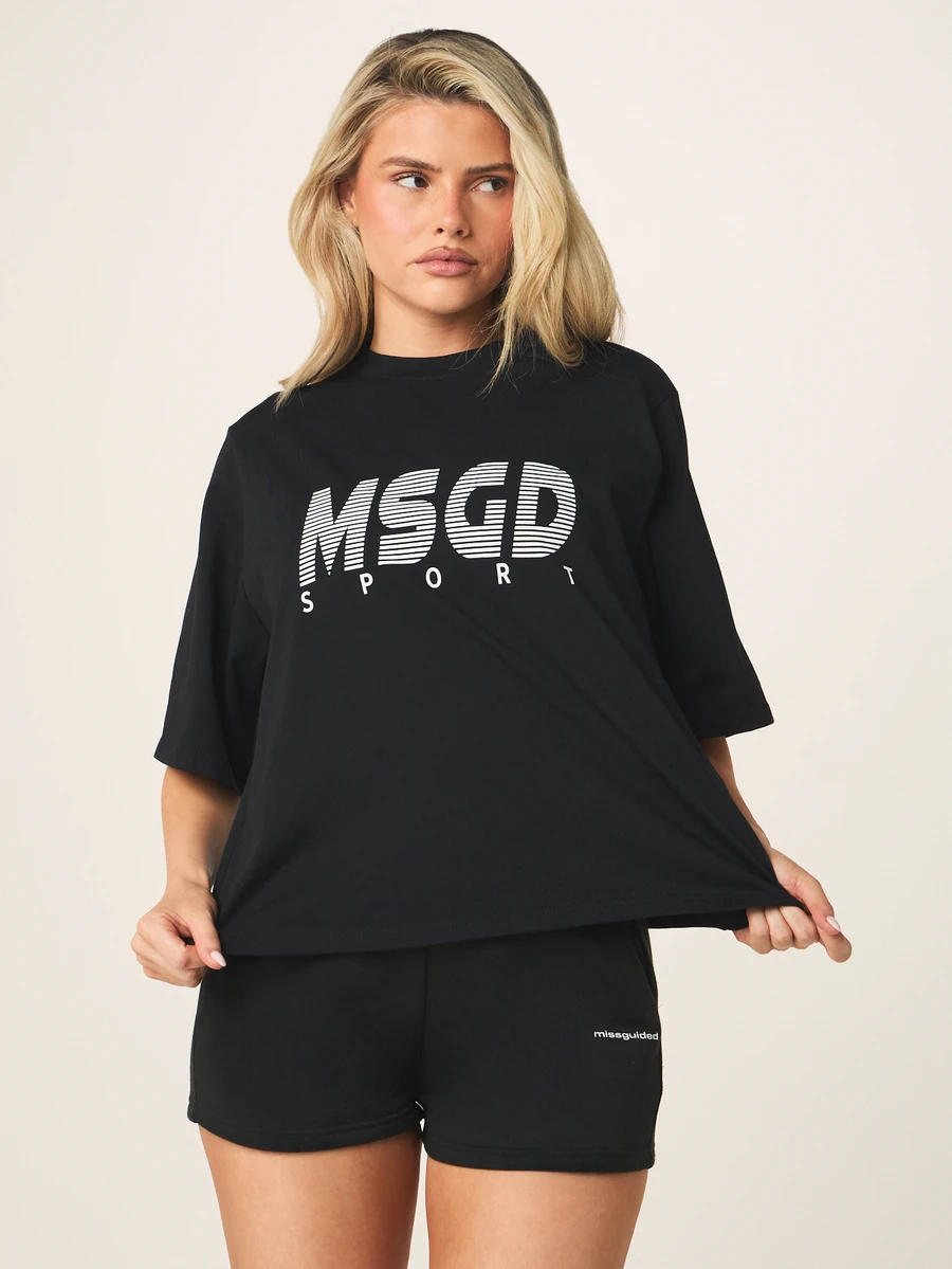 MISSGUIDED Oversized Streetwear Graphic Logo Print Crew Neck Short Sleeve Boxy T-Shirt With MSGD Sport Front Print Workout Gym Black And White Summer - Black - View 1