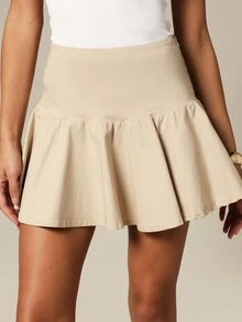 KSTM High Waist Pleated Peplum Mini Skirt With Flared Ruffle Hem Detail Spring Summer Casual Everyday Style - Khaki - View 6