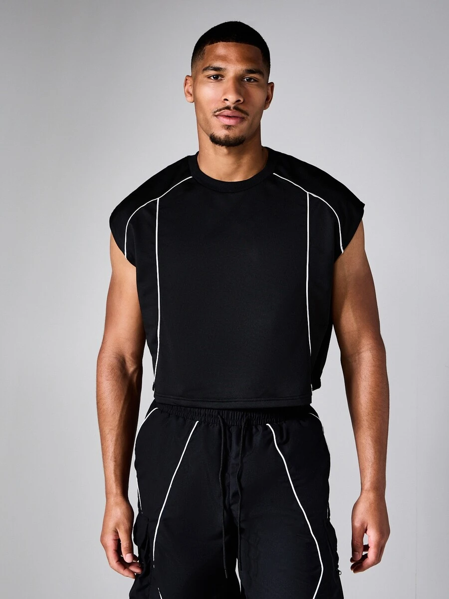 SUMWON Áo tank top ngắn tay không tay với chi tiết viền tương phản, cổ tròn, dáng rộng, món đồ thiết yếu cho mùa hè. - màu đen - Xem 1