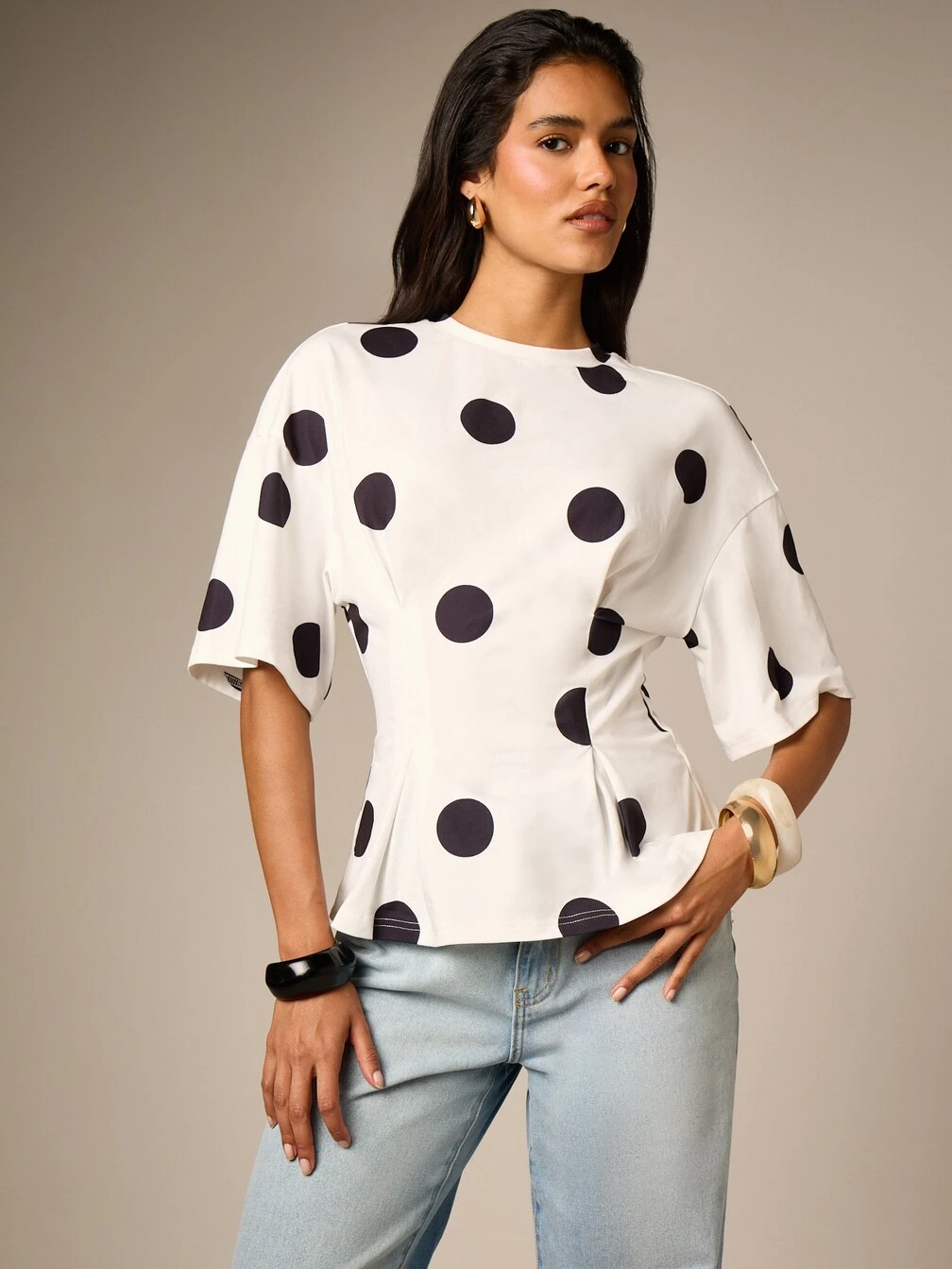 AiiRZ Polka Dot Peplum Top With Cinched Waist｜AiiRZ