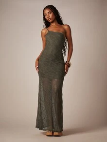MISSGUIDED Đầm maxi ren lệch vai không dây với kiểu dáng đuôi cá hơi xuyên thấu, thích hợp cho các dịp buổi tối và mùa hè. - Màu xanh lá cây đậm - Xem 3