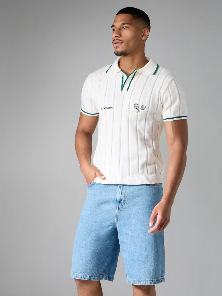 Polo a maglia costolata aderente con ricamo a racchetta da tennis, dettagli a contrasto, maglione casual estivo con colletto