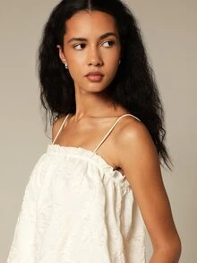 KSTM Floral Embroidered Ruffle Trim Camisole Top With Spaghetti Straps Scallop Hem Summer Elegant Occasion - Beige - View 5