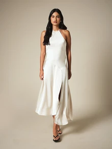 KSTM Satin Halter Neck Maxi Dress With A-Line Silhouette Side Slit And Open Back Tie Detail - Apricot - View 1