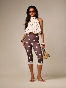 AiiRZ Polka Dot Capri Leggings With Lace Trim Hem High Rise Skin Tight Cropped Pants Spring Summer Retro Style - Multicolor - View 5