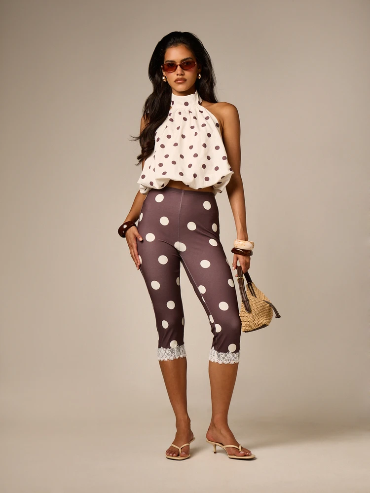 Polka Dot Capri Leggings With Lace Trim