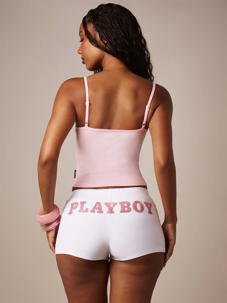 Missguided x Playboy Rhinestone Logo Scoop Neck Cami Crop Top With Adjustable Spaghetti Straps Summer Festival Style