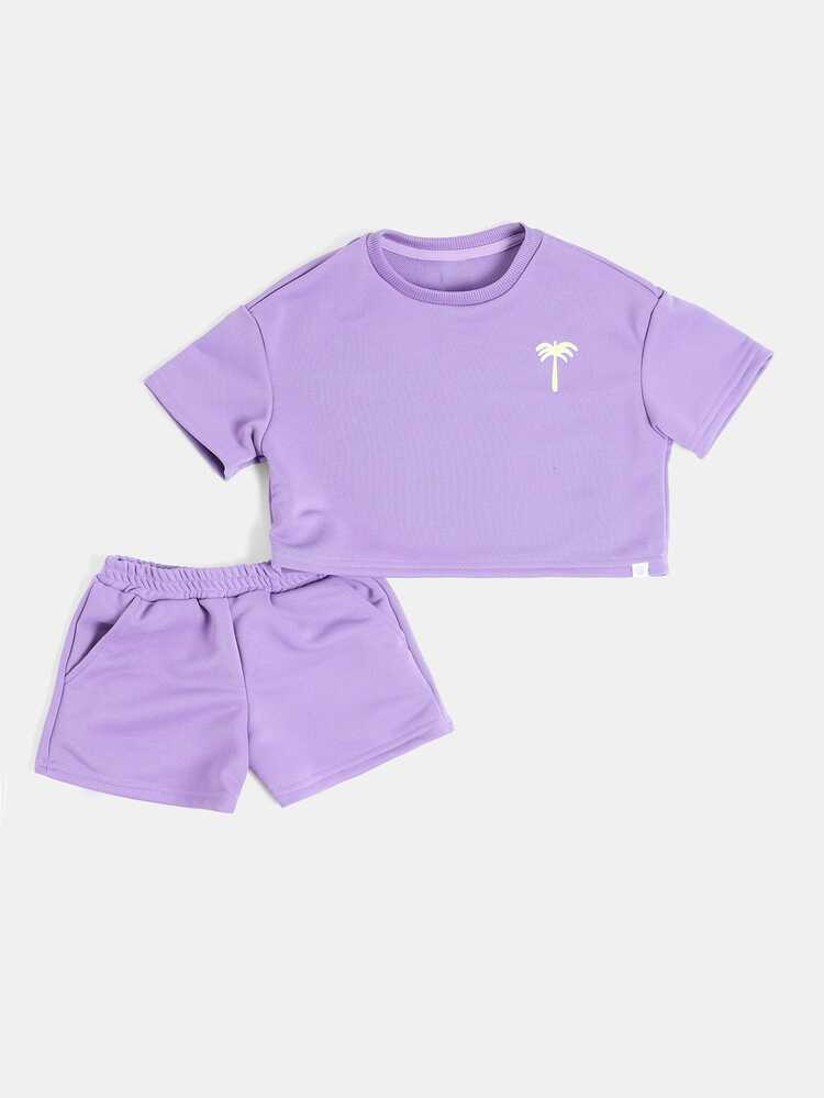 Studios Palm Tree Crop Tee And Mini Shorts Co-Ord Set With Chest Graphic And Back Logo Print