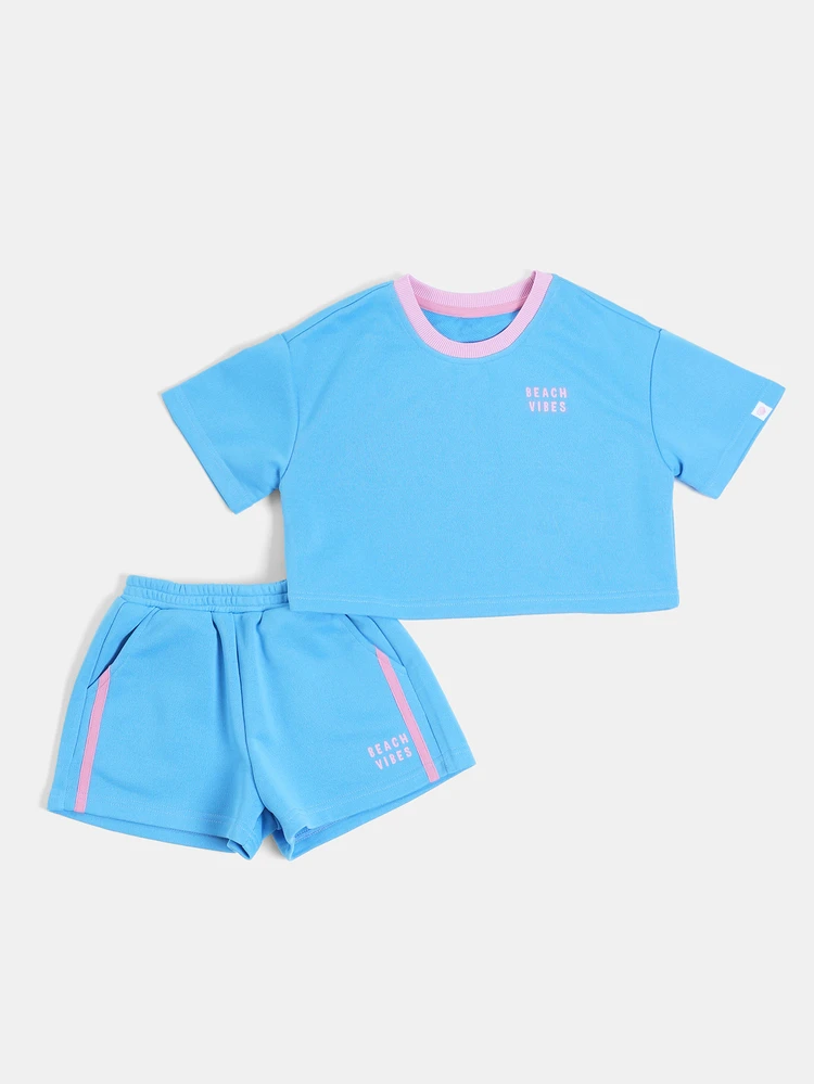 Girls Palm Tree Graphic Crop T-Shirt And Shorts Co-Ord Set With Contrast Pink Neckline Summer Beach Vibes