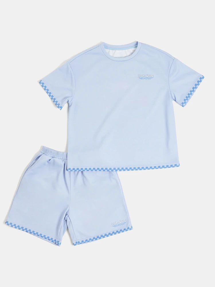 Conjunto de Camiseta Gráfica e Shorts Palm Spring para Meninos com Detalhe de Borda Xadrez, Conjunto Casual de Verão