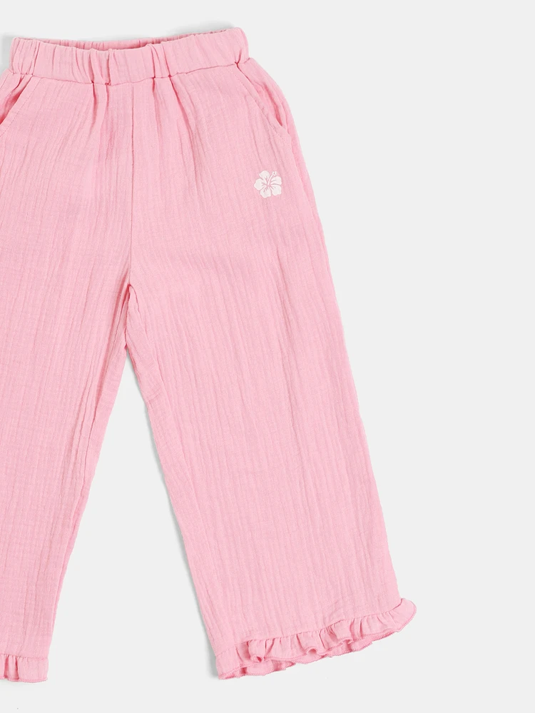 Conjunto de Camisa de Manga Bufante com Babado e Calça Flare Pregueada Listrada Coordenado Verão Duas Peças para Meninas