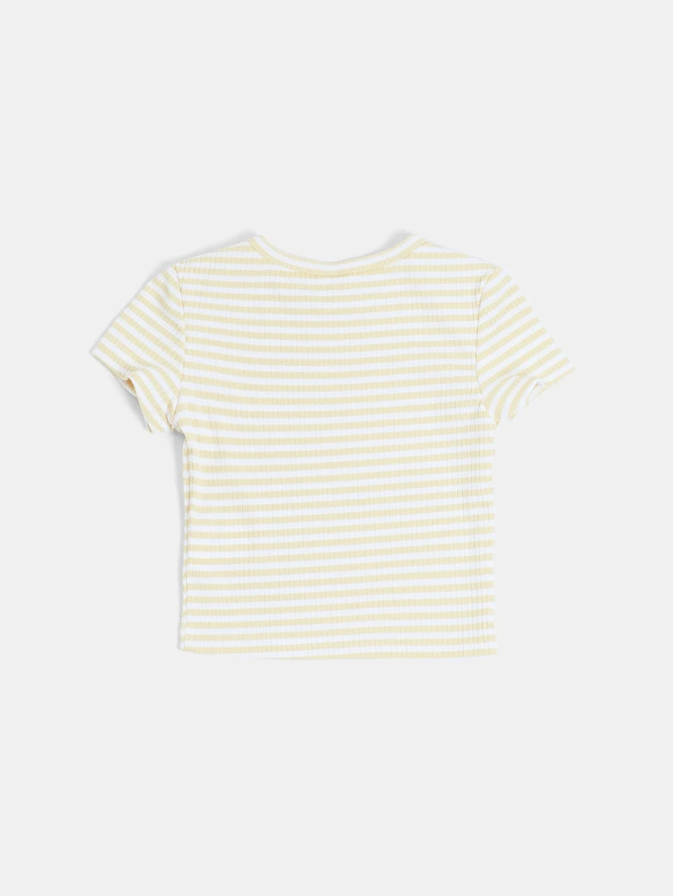 Girls Ribbed Stripe Crew Neck Short Sleeve Tee Casual Summer Everyday Essential Top