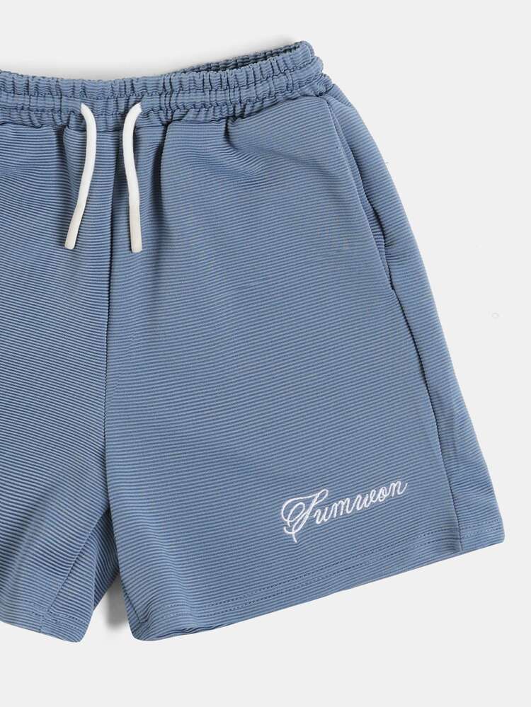 Conjunto de Camiseta de Manga Curta com Gola Careca e Shorts com Cordão Coordenado com Textura de Bloco de Cor para Meninos Pré-Adolescentes, Verão
