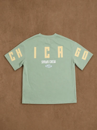 SUMWON Boys Oversized Chicago City Name Graphic Crew Neck Short Sleeve T-Shirt With Back Print And Logo Tee Summer Casual