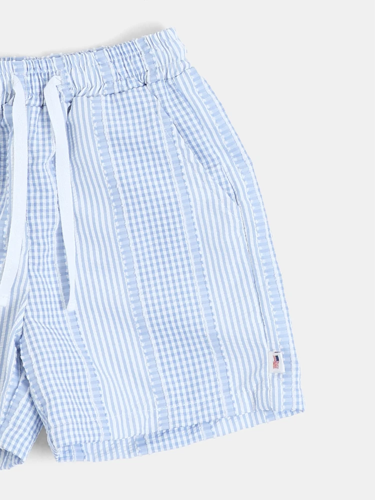 Boys Seersucker Gingham Stripe Mix Short Sleeve Shirt And Shorts Co-Ord Set Summer Holiday Outfit , Fourth Of July
