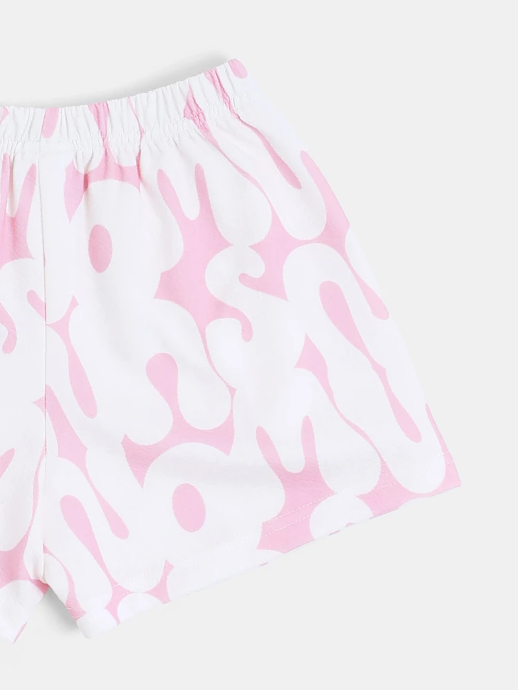 Girls Oversized Crew Neck Tee And Mini Shorts Co-Ord Set With All Over Groovy Bubble Letter Print
