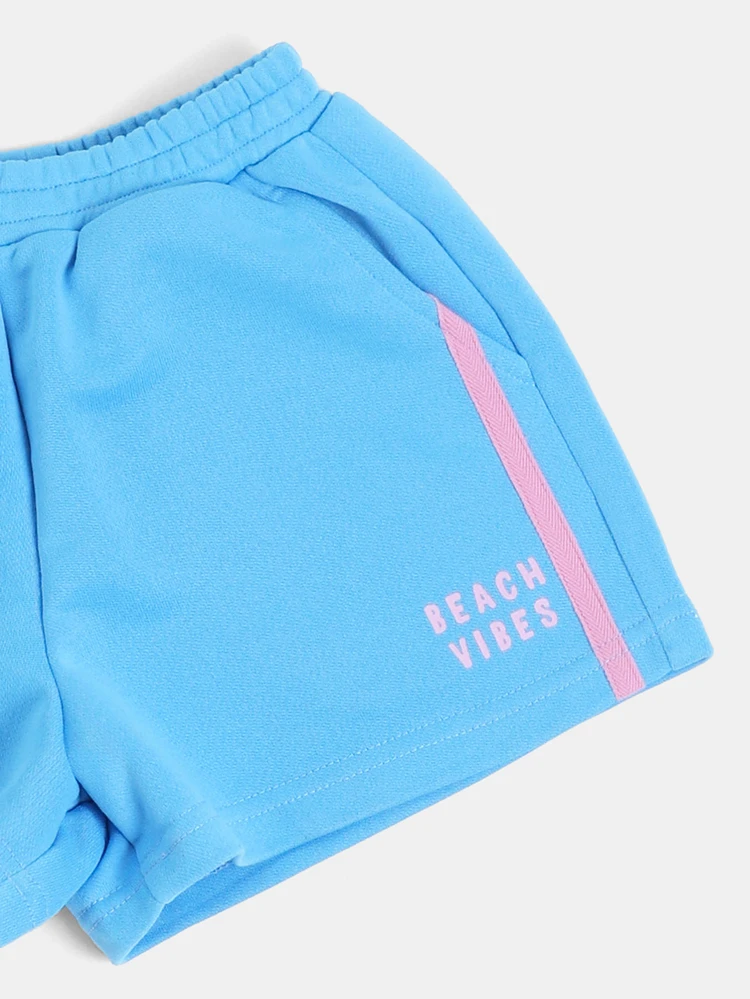Girls Palm Tree Graphic Crop T-Shirt And Shorts Co-Ord Set With Contrast Pink Neckline Summer Beach Vibes