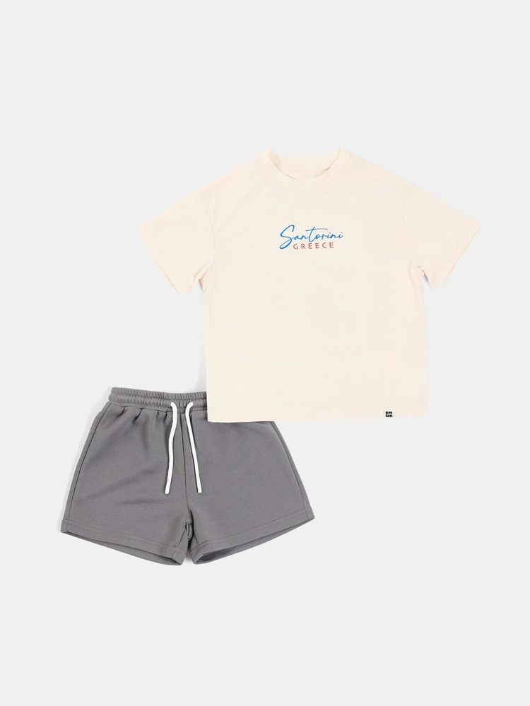 Oversized Boys Santorini Greece Graphic Co-Ord Short Sleeve Crew Neck Tee And Drawstring Shorts Summer Holiday Set