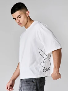 PLAYBOY X SUMWON Maglietta oversize girocollo con stampa logo laterale, t-shirt casual da strada di taglio boxy - Bianco - Visualizzare 1