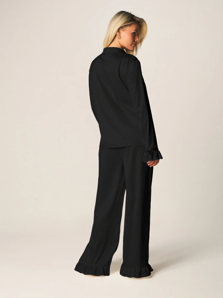 MISSGUIDED Poplin Button Down Sleep Shirt And Ruffle Hem Wide Leg Pant Pajama Set Cozy Loungewear