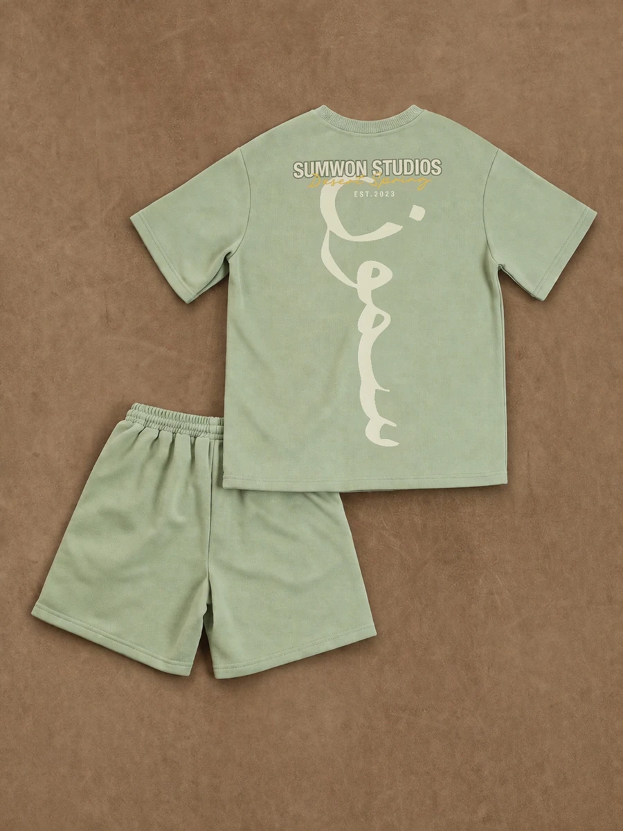 SUMWON Studios Desert Spring Co-Ord Set Crew Neck Tee And Shorts With Arabic Script Print - Army Green - View 1