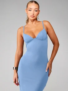 MISSGUIDED Đầm midi ôm sát người, dây mảnh, có áo ngực tích hợp, cổ tim, thích hợp cho tiệc tối, dạ hội. - Blue Power - Xem 5