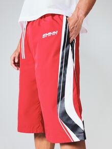 SUMWON Short de basketball à enfiler avec détail de panneau latéral et cordon de serrage à rayures contrastées - Rouge - Voir 4