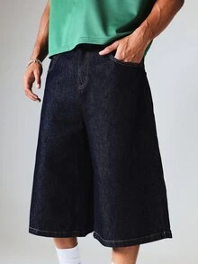 SUMWON Quần short denim ống rộng màu xanh đậm với phần cạp sau thêu họa tiết, kiểu dáng dài, thoải mái, thích hợp cho mùa hè. - Màu xanh lam - Xem 5