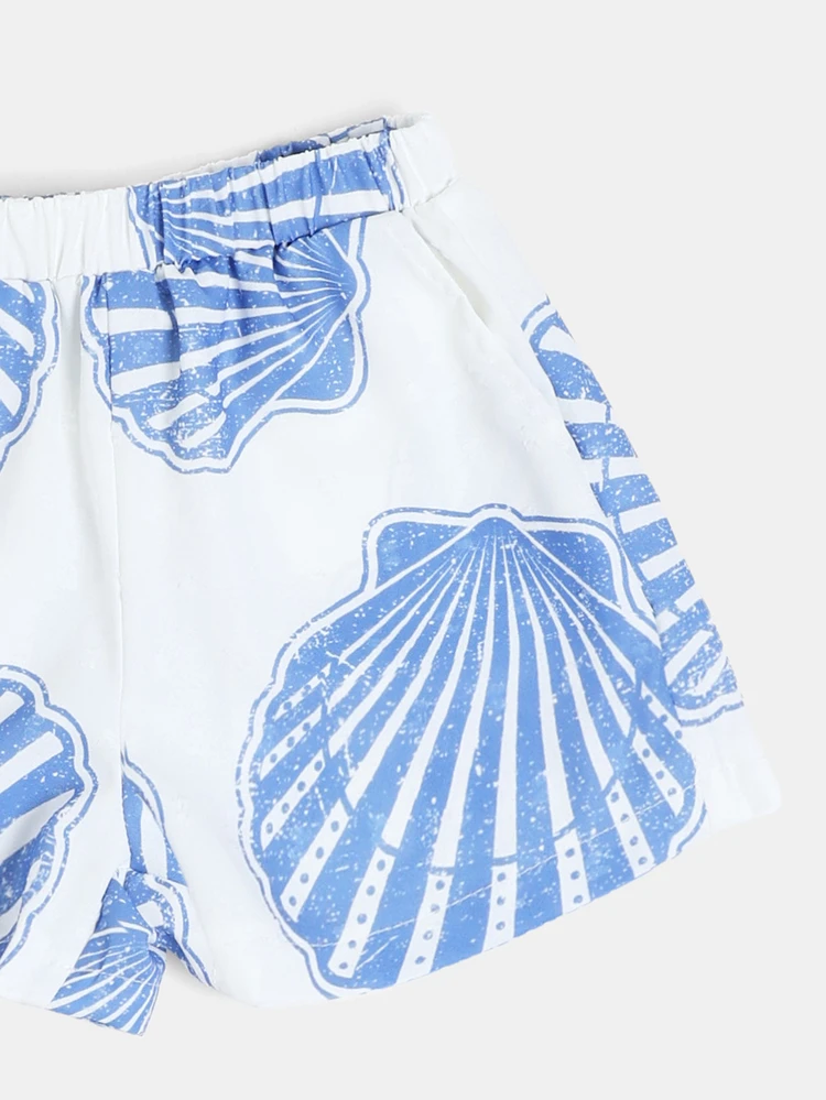 Ensemble 2 pièces chemise à col et short co-ord imprimé coquillages pour filles, tenue d'été plage vacances, Âge 4