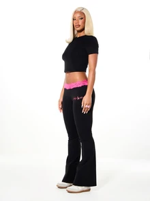 BABYPHAT Plus Size Flared Leggings With Pink Lace Waistband And Logo Print Low Rise Stretch Pants - Black - View 4