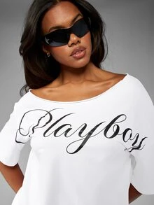 Missguided x Playboy Script Logo Off-The-Shoulder Oversized T-Shirt Casual Summer Festival Bardot Top - White - View 5
