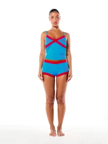 BABYPHAT Áo Cami mặc nhà viền ren với chi tiết chéo phía trước và họa tiết logo thương hiệu. - Màu xanh lam - Xem 5