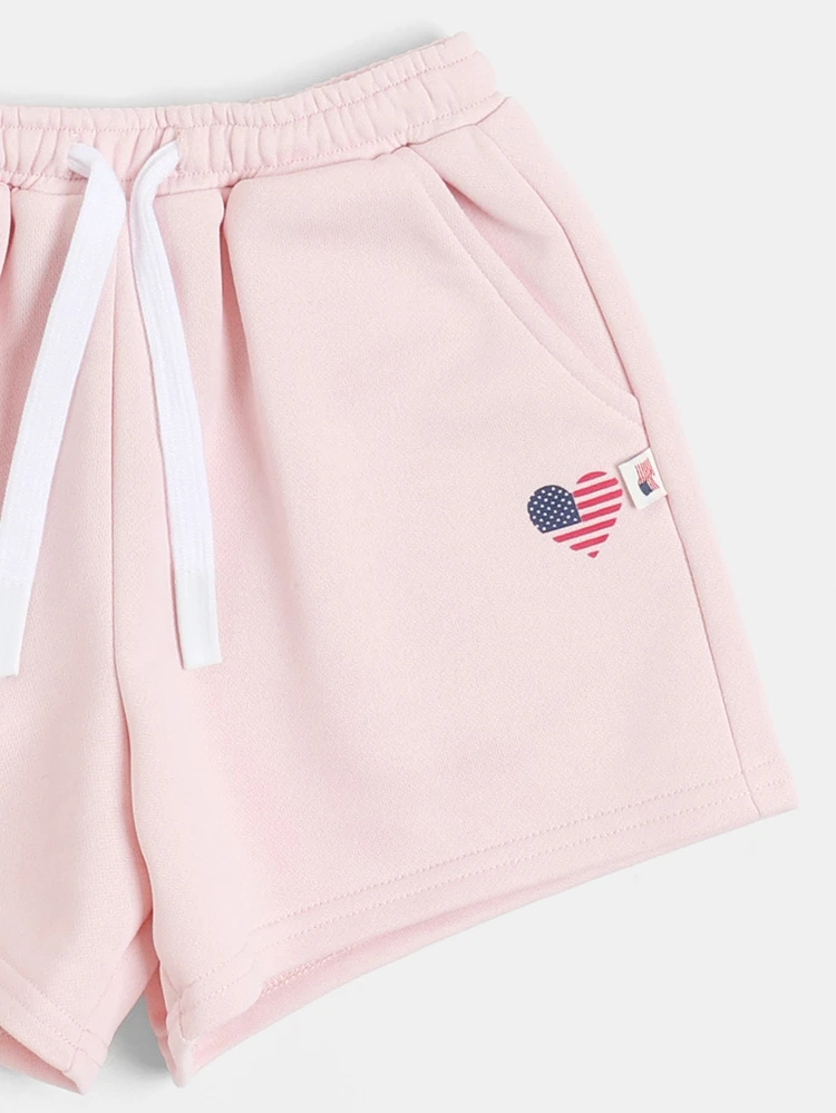 Little Miss America Crew Neck Crop Tee And Elastic Waist Shorts Co-Ord Set With Heart Flag Print , Fourth Of July