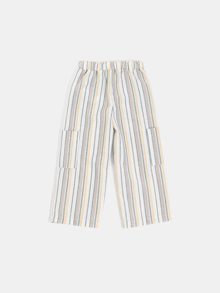 Boys Striped Wide Leg Cargo Pants With Drawstring Waist And Patch Pockets Summer Beach Style