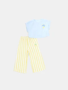 SUMWON 女童柠檬图案露脐上衣和黄色条纹阔腿裤套装 夏季度假套装 - 藍色 - 查看 2