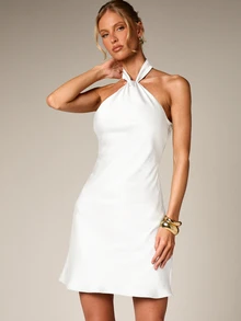 AiiRZ Halter Neck Satin Mini Dress With Twisted Neckline And Open Back For Party Wedding Guest - White - View 1