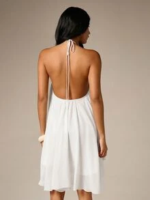 AiiRZ Halter Neck Floaty Mini Dress With Open Back Tie Detail Summer Beach Vacation Chiffon Swing Dress - White - View 2
