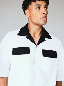 SUMWON Oversized Bowling Shirt With Contrast Black Collar And Dual Chest Pockets Short Sleeve Button-Up - Black and White - View 4