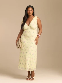 FASHION SZN 大尺碼碎花印花無袖網紗洋裝 彈性舒適 婚禮賓客禮服 賽馬日活動 舞會 畢業典禮 夏季度假 典雅時尚優雅時髦 中長版洋裝 - 黃色 - 查看 5