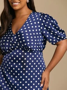 FASHION SZN Plus Size Women Polka Dot Puff Sleeve Plunge Neck Tea Dress Elegant Smart Chic Wedding Guest Dress Races Day Dress Garden Party Summer Vacation Holiday Outfit Satin Prom Dress Formal Event Occasion Birthday Party Navy Blue Spotted Midi Dress Womens Long Dress Maxi - Multicolor - View 4