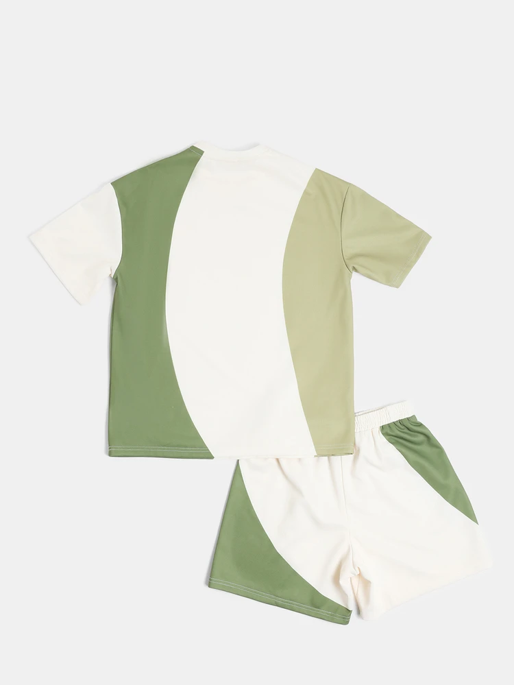 Tween Boys Colour Blocked Co-Ord Set Curved Panel Crewneck T-Shirt And Shorts Summer Casual Streetwear
