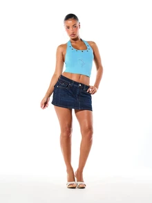BABYPHAT Áo croptop cổ yếm đính đá hình mèo với khoen kim loại, phong cách lễ hội mùa hè. - Màu xanh lam - Xem 3