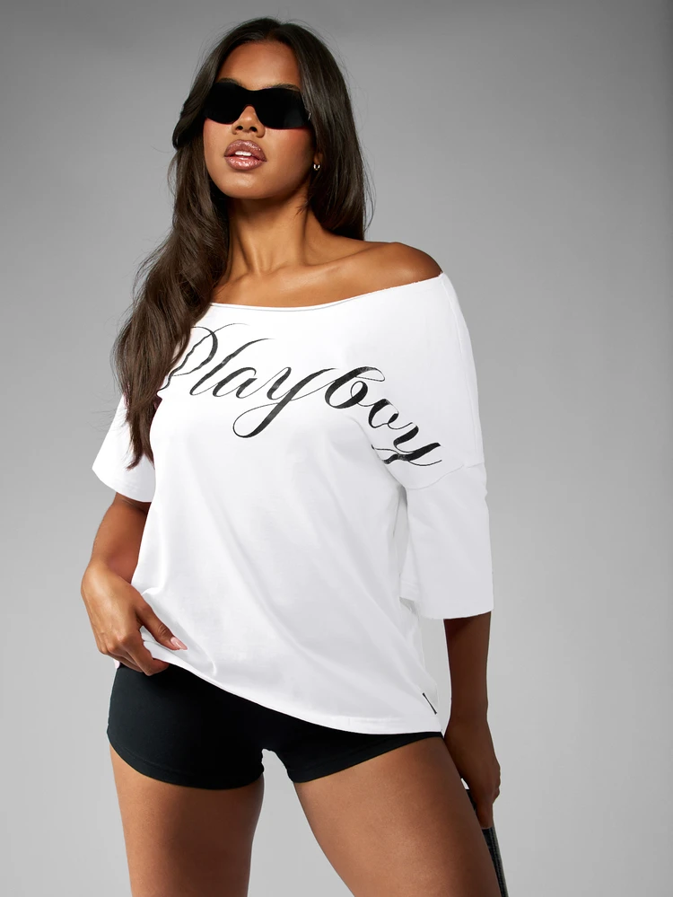 Missguided x Playboy Script Logo Off-The-Shoulder Oversized T-Shirt Casual Summer Festival Bardot Top